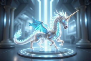 A stunning 3D rendered image of a unique, steampunk-inspired unicorn creature with the following characteristics:

Body Structure:
- Elongated, serpentine body reminiscent of a Chinese dragon
- Body is entirely transparent, like finely crafted Venetian glass
- The transparent body emits a soft, ethereal glow from within,CGI 3D Animation