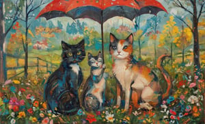 whimsical folk art in the style of Julia pott Quentin Black Kandinsky inspired of a 3 different coloured cats huddling
close together under a red umbrella that one cat is holding to shelter from the rain. Bg of wooden fenced meadow  with birch trees,colorful wildflowers , ,Whimsical Kiko,surreal,lowbrow art style,FantaVin Anime Art,Oil In Canvas.Kiko,TunArt5