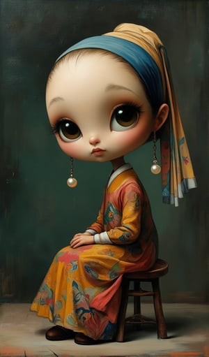 ("Girl with a Pearl Earring") has a huge head and a tiny body. Dramatic angle, sitting on a small stool against a classic neutral dark background. Her large, expressive eyes and oversized pearl earrings dominate her face, while her petite body is clad in flowing, exaggeratedly painted traditional clothing.Whimsical Kiko,vibrant painting