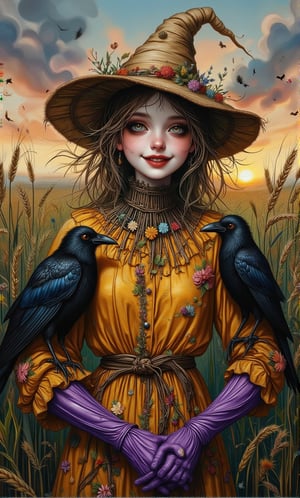 (Supernatural Portrait, Masterpiece, Dark Fantasy: 1.2, Oil Painting, Painting), Highly detailed and exquisite detail: 1.4, Upper body mid-shot, in the center of the frame is a girl dressed as a scarecrow, surrounded by a wide green barley field. The scarecrow, made of dry branches, dried flowers and straw, has a joyful expression and a happy smile, has smoky makeup, and wears an old and worn wide-brimmed straw hat that falls just below her eyebrows. She is wearing a vividly colored pearl yellow cotton shirt and purple velvet gloves, her arms are outstretched to the side, and two crows are sitting on her arms, which are very detailed and depicted. There is a sunset and natural light in the background. The subject's features are highly detailed and anatomically correct, and the vividly colored subject is set against a random natural background. Every texture, every realistic skin, every wrinkle, every hair is rendered in 8k resolution with realistic painting quality, inviting the viewer into this dreamlike world.,mythp0rt,funny animals,Whimsical Kiko,Thriller illustration