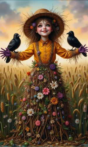 (Supernatural Portrait, Masterpiece, Dark Fantasy: 1.2, Oil Painting, Painting), ,Upper body mid-shot, in the center of the frame is a litter girl dressed as a scarecrow, surrounded by a wide green barley field. The scarecrow, made of dry branches, dried flowers and straw, has a joyful expression and a happy smile, has smoky makeup, and wears an old and worn wide-brimmed straw hat that falls just below her eyebrows. She is wearing a vividly colored pearl yellow cotton shirt and purple velvet gloves, her arms are outstretched to the side, and two crows are sitting on her arms, which are very detailed and depicted. There is a sunset and natural light in the background. The subject's features are highly detailed and anatomically correct, and the vividly colored subject is set against a random natural background. ,mythp0rt,funny animals,Whimsical Kiko,Thriller illustration