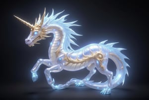 A stunning 3D rendered image of a unique, steampunk-inspired unicorn creature with the following characteristics:

Body Structure:
- Elongated, serpentine body reminiscent of a Chinese dragon
- Body is entirely transparent, like finely crafted Venetian glass
- The transparent body emits a soft, ethereal glow from within,CGI 3D Animation