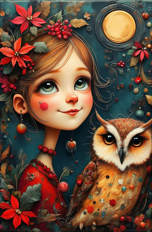 The whimsical plaster acrylic oil painting depicts a smiling girl and owl with vibrant and exquisitely detailed faces, featuring bold brushstrokes and layered textures. The contrast of chili red and teal tones makes the theme pop. Two-color poinsettia flowers, leaves, golden decoration for Christmas atmosphere