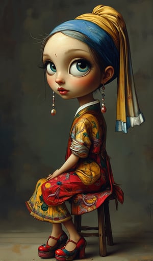 ("Girl with a Pearl Earring") has a huge head and a tiny body. Dramatic angle, sitting on a small stool against a classic neutral dark background. Her large, expressive eyes and oversized pearl earrings dominate her face, while her petite body is clad in flowing, exaggeratedly painted traditional clothing.Whimsical Kiko,vibrant painting