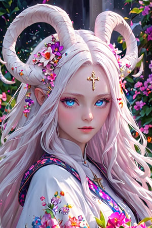 albino Demon Girl, (long intricate horns:1.2),Beautiful nordic girl, a nun adorned in a colorful and stunning floral-patterned habit,(pink wimple),
colorful scapulae,Cross,
Very long braided hair,colorful braided hair,radiating vibrancy and life.,Her attire exudes warmth and kindness, spreading serenity like a blooming garden. With elegant grace, ,mizuki shiranui,aesthetic portrait,ktrmkp,Realistic Blue Eyes,tlps,ct-niji2,LegendDarkFantasy