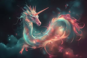 A stunning 3D rendered image of a unique, steampunk-inspired unicorn creature with the following characteristics:

Body Structure:
- Elongated, serpentine body reminiscent of a Chinese dragon
- Body is entirely transparent, like finely crafted Venetian glass
- The transparent body emits a soft, ethereal glow from within,CGI 3D Animation,Crystal Glass,vibrant painting