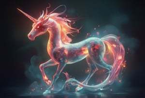 A stunning 3D rendered image of a unique, steampunk-inspired unicorn creature with the following characteristics:

Body Structure:
- Elongated, serpentine body reminiscent of a Chinese dragon
- Body is entirely transparent, like finely crafted Venetian glass
- The transparent body emits a soft, ethereal glow from within,CGI 3D Animation,Crystal Glass,vibrant painting