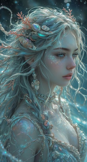 Imagine a mesmerizing female mythical creature known as the Siren of the Silver Seas. She embodies the essence of the ocean, with long, flowing hair that shimmers like the surface of water under the moonlight, infused with strands of bright coral and glistening pearls. Her skin is a soft iridescent hue, reminiscent of seashells, and her enchanting, luminous eyes reflect the deep blues and greens of the sea.,Fantasy drawing,Midjourney_Whisper