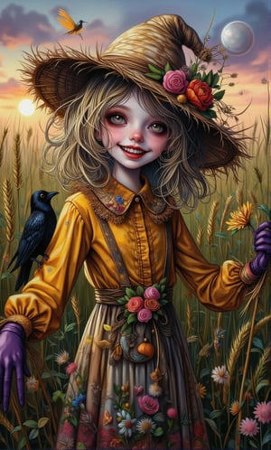 (Supernatural Portrait, Masterpiece, Dark Fantasy: 1.2, Oil Painting, Painting), Highly detailed and exquisite detail: 1.4, Upper body mid-shot, in the center of the frame is a girl dressed as a scarecrow, surrounded by a wide green barley field. The scarecrow, made of dry branches, dried flowers and straw, has a joyful expression and a happy smile, has smoky makeup, and wears an old and worn wide-brimmed straw hat that falls just below her eyebrows. She is wearing a vividly colored pearl yellow cotton shirt and purple velvet gloves, her arms are outstretched to the side, and two crows are sitting on her arms, which are very detailed and depicted. There is a sunset and natural light in the background. The subject's features are highly detailed and anatomically correct, and the vividly colored subject is set against a random natural background. Every texture, every realistic skin, every wrinkle, every hair is rendered in 8k resolution with realistic painting quality, inviting the viewer into this dreamlike world.,mythp0rt,funny animals,Whimsical Kiko,Thriller illustration