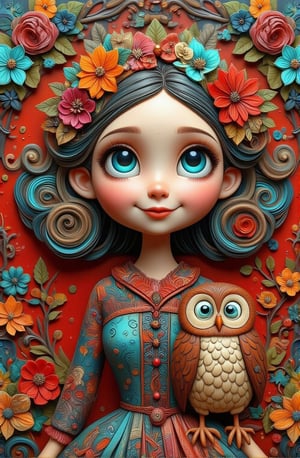 The whimsical plaster acrylic oil painting depicts a smiling girl and owl with vibrant and exquisitely detailed faces, featuring bold brushstrokes and layered textures. The contrast of chili red and teal tones makes the theme pop. Two-color poinsettia flowers, leaves, golden decoration for Christmas atmosphere,3d render,Highly detailed Halloween style figure,Halloween_Figure