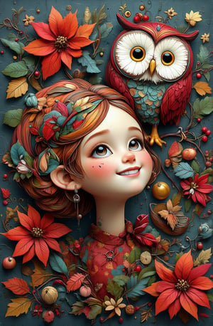 The whimsical plaster acrylic oil painting depicts a smiling girl and owl with vibrant and exquisitely detailed faces, featuring bold brushstrokes and layered textures. The contrast of chili red and teal tones makes the theme pop. Two-color poinsettia flowers, leaves, golden decoration for Christmas atmosphere,3d render