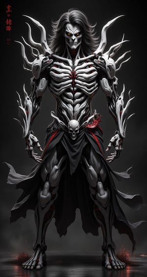 cyborg man fusion of human and skeletal machinery.  black hair and gold eyes. Pale skin contrasting with dark mechanical parts. Body partially covered in intricate bone-like structures and cybernetic enhancements. Skull motifs integrated into design. Long, claw-like fingers and sharp bone protrusions along arms and back. Ribcage visible, merging with technological components. Lower body features a mix of human legs and skeletal machine parts. Tattered black clothing partially covering body. Eerie, otherworldly aura. Pose emphasizing the melding of organic and mechanical elements. Dark background with subtle tech interface elements. Hyperdetailed textures of bone, metal, and circuitry. Color scheme primarily black, white, and grey with occasional red accents.,Skeleton,Wukong,hkevil