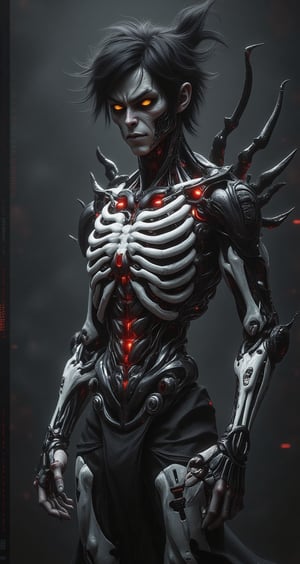 cyborg man fusion of human and skeletal machinery.  black hair and gold eyes. Pale skin contrasting with dark mechanical parts. Body partially covered in intricate bone-like structures and cybernetic enhancements. Skull motifs integrated into design. Long, claw-like fingers and sharp bone protrusions along arms and back. Ribcage visible, merging with technological components. Lower body features a mix of human legs and skeletal machine parts. Tattered black clothing partially covering body. Eerie, otherworldly aura. Pose emphasizing the melding of organic and mechanical elements. Dark background with subtle tech interface elements. Hyperdetailed textures of bone, metal, and circuitry. Color scheme primarily black, white, and grey with occasional red accents.,Skeleton,Wukong,hkevil,Ghost 