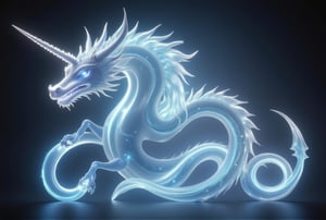 A stunning 3D rendered image of a unique, steampunk-inspired unicorn creature with the following characteristics:

Body Structure:
- Elongated, serpentine body reminiscent of a Chinese dragon
- Body is entirely transparent, like finely crafted Venetian glass
- The transparent body emits a soft, ethereal glow from within,CGI 3D Animation,Crystal Glass