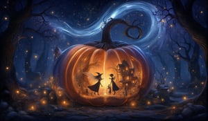 A large crystal translucent pumpkin nestled in a magical forest with gothic elements. Inside, a witch and fairy can be seen interacting with elfs, near a castle house and fairy cliff .The scene is illuminated by the soft glow of fireflies, creating a whimsical fairytale ambiance. The illustration is in a children's comic style executed by a master artist, capturing every enchanting detail.,Whimsical Kiko,Crystal Glass,Whimsical Kiko 