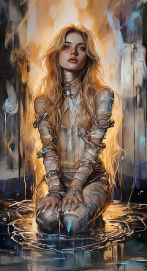 The vicissitudes of life, transparent white alcohol ink airbrush, acrylic, flare rendering, backlighting, light transmission, a beautiful girl with fair skin, kneeling,golden hair, her whole body is made of damaged bandages of holographic transparent material, her hands are wrapped with many thick iron chains, dead leaves and water flow, Arrogant eyes, sense of air, lilac flame burning background,AlcoholInk.hanna,QTGirlNimE2, Wcol style