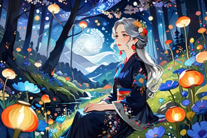 Masterpiece, 4K, ultra detailed, ((solo)), anime impressionism art style, elegant mature woman with beautiful detailed eyes and glamorous makeup, long flowy gray hair, finely detailed earrings, sitting in a flowering forest, swirling starry night, more detail XL, SFW, depth of field,ukiyoe,glitter,colorful