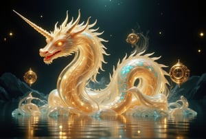 A stunning 3D rendered image of a unique, steampunk-inspired unicorn creature with the following characteristics:

Body Structure:
- Elongated, serpentine body reminiscent of a Chinese dragon
- Body is entirely transparent, like finely crafted Venetian glass
- The transparent body emits a soft, ethereal glow from within,CGI 3D Animation,Crystal Glass