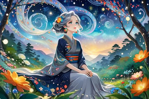 Masterpiece, 4K, ultra detailed, ((solo)), anime impressionism art style, elegant mature woman with beautiful detailed eyes and glamorous makeup, long flowy gray hair, finely detailed earrings, sitting in a flowering forest, swirling starry night, more detail XL, SFW, depth of field,ukiyoe,glitter,colorful