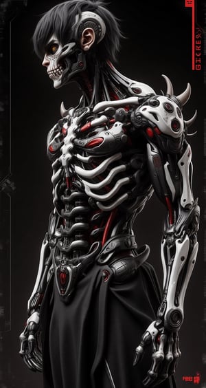 cyborg man fusion of human and skeletal machinery.  black hair and gold eyes. Pale skin contrasting with dark mechanical parts. Body partially covered in intricate bone-like structures and cybernetic enhancements. Skull motifs integrated into design. Long, claw-like fingers and sharp bone protrusions along arms and back. Ribcage visible, merging with technological components. Lower body features a mix of human legs and skeletal machine parts. Tattered black clothing partially covering body. Eerie, otherworldly aura. Pose emphasizing the melding of organic and mechanical elements. Dark background with subtle tech interface elements. Hyperdetailed textures of bone, metal, and circuitry. Color scheme primarily black, white, and grey with occasional red accents.,LinzExoboneRobot,Skeleton,Wukong