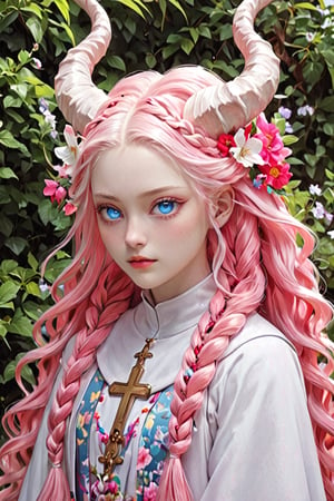 albino Demon Girl, (long intricate horns:1.2),Beautiful nordic girl, a nun adorned in a colorful and stunning floral-patterned habit,(pink wimple),
colorful scapulae,Cross,
Very long braided hair,colorful braided hair,radiating vibrancy and life.,Her attire exudes warmth and kindness, spreading serenity like a blooming garden. With elegant grace, ,mizuki shiranui,aesthetic portrait,ktrmkp,Realistic Blue Eyes,tlps,ct-niji2