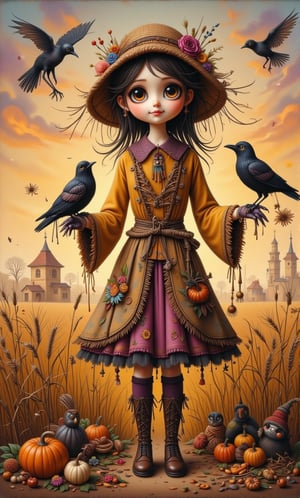 (Supernatural Portrait, Masterpiece, Dark Fantasy, Oil Painting, Painting), ,Upper body mid-shot, in the center of the frame is a litter girl dressed as a scarecrow, surrounded by a wide green barley field. The scarecrow, made of dry branches, dried flowers and straw, has a joyful expression and a happy smile, has smoky makeup, and wears an old and worn wide-brimmed straw hat that falls just below her eyebrows. She is wearing a vividly colored pearl yellow cotton shirt and purple velvet gloves, her arms are outstretched to the side, and two crows are sitting on her arms, which are very detailed and depicted. There is a sunset and natural light in the background. ,mythp0rt,Whimsical Kiko,Thriller illustration,Halloween_Figure,ZanyEyesStyle