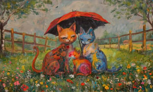 whimsical folk art in the style of Julia pott Quentin Black Kandinsky inspired of a 3 different coloured cats huddling
close together under a red umbrella that one cat is holding to shelter from the rain. Bg of wooden fenced meadow  with birch trees,colorful wildflowers , ,Whimsical Kiko,surreal,lowbrow art style,FantaVin Anime Art,Oil In Canvas.Kiko,TunArt5