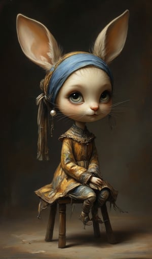 Super realistic caricature. Cute anthropomorphic bunny costume ("Girl with a Pearl Earring") with a huge head and tiny body. Dramatic angle, sitting on a small stool against a classic neutral dark background. Her large, expressive eyes and oversized pearl earrings dominate her face, while her petite body is clad in flowing, exaggeratedly painted traditional clothing.,Whimsical Kiko 