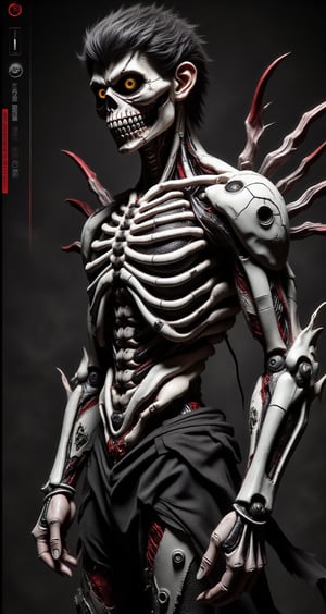 cyborg man fusion of human and skeletal machinery.  black hair and gold eyes. Pale skin contrasting with dark mechanical parts. Body partially covered in intricate bone-like structures and cybernetic enhancements. Skull motifs integrated into design. Long, claw-like fingers and sharp bone protrusions along arms and back. Ribcage visible, merging with technological components. Lower body features a mix of human legs and skeletal machine parts. Tattered black clothing partially covering body. Eerie, otherworldly aura. Pose emphasizing the melding of organic and mechanical elements. Dark background with subtle tech interface elements. Hyperdetailed textures of bone, metal, and circuitry. Color scheme primarily black, white, and grey with occasional red accents.,Skeleton,Wukong,hkevil