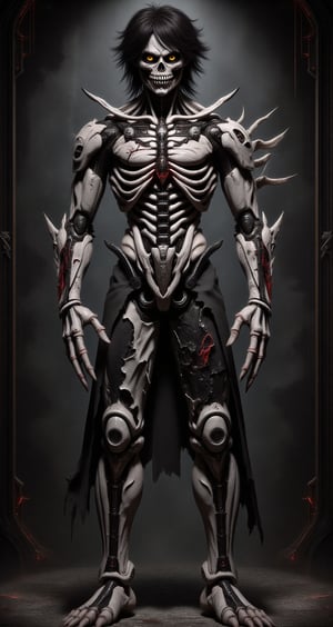 cyborg man fusion of human and skeletal machinery.  black hair and gold eyes. Pale skin contrasting with dark mechanical parts. Body partially covered in intricate bone-like structures and cybernetic enhancements. Skull motifs integrated into design. Long, claw-like fingers and sharp bone protrusions along arms and back. Ribcage visible, merging with technological components. Lower body features a mix of human legs and skeletal machine parts. Tattered black clothing partially covering body. Eerie, otherworldly aura. Pose emphasizing the melding of organic and mechanical elements. Dark background with subtle tech interface elements. Hyperdetailed textures of bone, metal, and circuitry. Color scheme primarily black, white, and grey with occasional red accents.,Skeleton,Wukong,hkevil