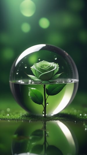 a simple blurred dark moss green background, a big transparent crystal  sphere filled with clear water and a few droplets of water,in which grows a tender green rose with two large leaves and a thin stem,love heart shape,the entire scene is illuminated by a soft green light, giving a sense of tranquility and harmony,
photorealistic

