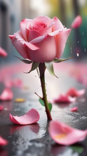 one pink blooming rose,(falling petals),blur background, and the petals formed a  wet pussy shape on the ground,
photorealistic,Close-up Pussy