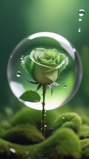 a simple blurred moss green background, a big transparent sphere filled with clear water and a few droplets of water,in which grows a tender green rose with two large leaves and a thin stem,love heart shape,the entire scene is illuminated by a soft green light, giving a sense of tranquility and harmony,
photorealistic

