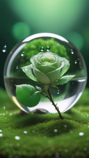 a simple blurred moss green background, a big transparent crystal  sphere filled with clear water and a few droplets of water,in which grows a tender green rose with two large leaves and a thin stem,love heart shape,the entire scene is illuminated by a soft green light, giving a sense of tranquility and harmony,
photorealistic

