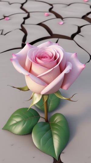 one pink blooming rose,the petals are falling, the petals formed a lovely heart shape on the ground,with a thin root system, high quality,
photorealistic

