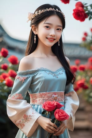 a beautiful chinese girl, 10 year old, off shoulder, rose in hand,giving it for you,smile to you, details,looking_at_viewer