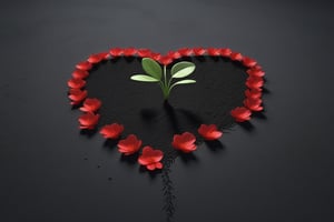 blank pure lightblack backround, one sprouting seed with thin root system on the ground at the bottom of the picture, 3 red blooming flowers,the petals are falling, and some of them makd up a lovely heart shape on the ground,high photorealistic