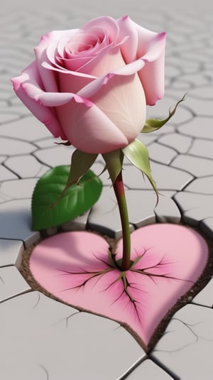 one pink blooming rose,the petals are falling, the petals formed a lovely heart shape on the ground,with a thin root system, high quality,
photorealistic

