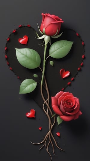 blank pure lightblack backround, one sprouting seed rose with thin root system on the ground at the bottom of the picture, 3 red blooming flowers,the petals are falling, and some of them makd up a lovely heart shape on the ground,high photorealistic