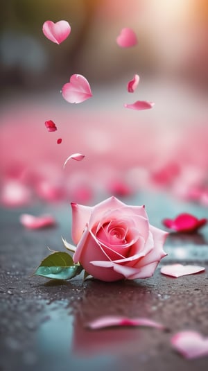 one pink blooming rose,(falling petals),blur background, and the petals formed a heart shape on the ground, photorealistic