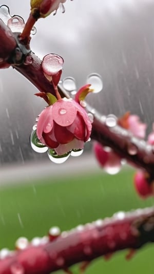  a blooming cherry branch covered in drew and rain drops
