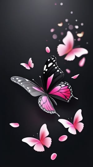 blank pure lightblack backround with one pink colorfully butterfly,(falling petals),blur background,  photorealistic