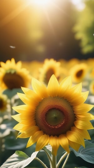 blank pure blured backround,  blooming Sunflowers,  the petals are falling on the ground at the bottom of the picture,  sunlight
high photorealistic