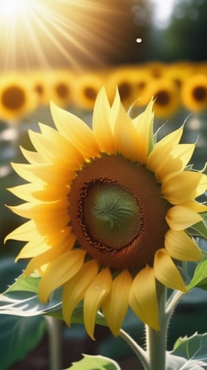 blank pure blured backround, one  blooming Sunflower,  the petals are falling on the ground at the bottom of the picture,  sunlight
high photorealistic