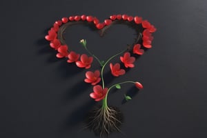 blank pure lightblack backround, one sprouting seed with thin root system on the ground at the bottom of the picture, 3 red blooming flowers,the petals are falling, and some of them makd up a lovely heart shape on the ground,high photorealistic