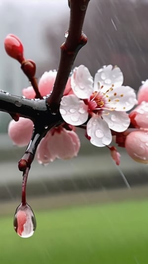  a blooming cherry branch covered in drew and rain drops
