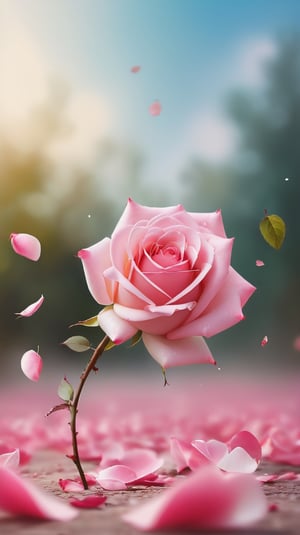 one pink blooming rose,(falling petals),blur background, and the petals formed a heart shape on the ground, photorealistic  ,Butterfly Style