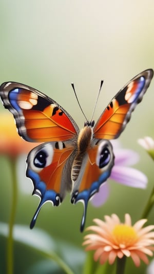 a simple pure blank background, a colorfull butterfly,gracefully landing on kinds of flowers, portrayed in a realistic photographic style with a macro lens, capturing the smallest details