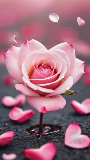 one pink blooming rose,(falling petals),blur background, and the petals formed a heart shape on the ground, photorealistic