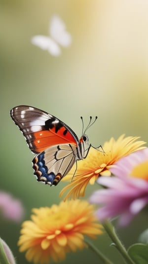 a simple pure blank background, a colorfull butterfly,gracefully landing on kinds of flowers  portrayed in a realistic photographic style with a macro lens, capturing the smallest details.